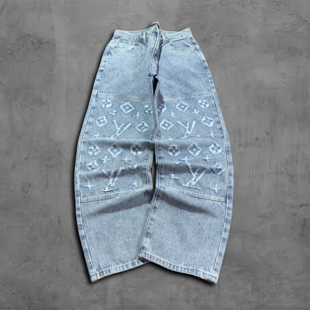 Baggy Wide Leg Light Wash Louis Vuitton Monogram Knee Patch Denim Jeans